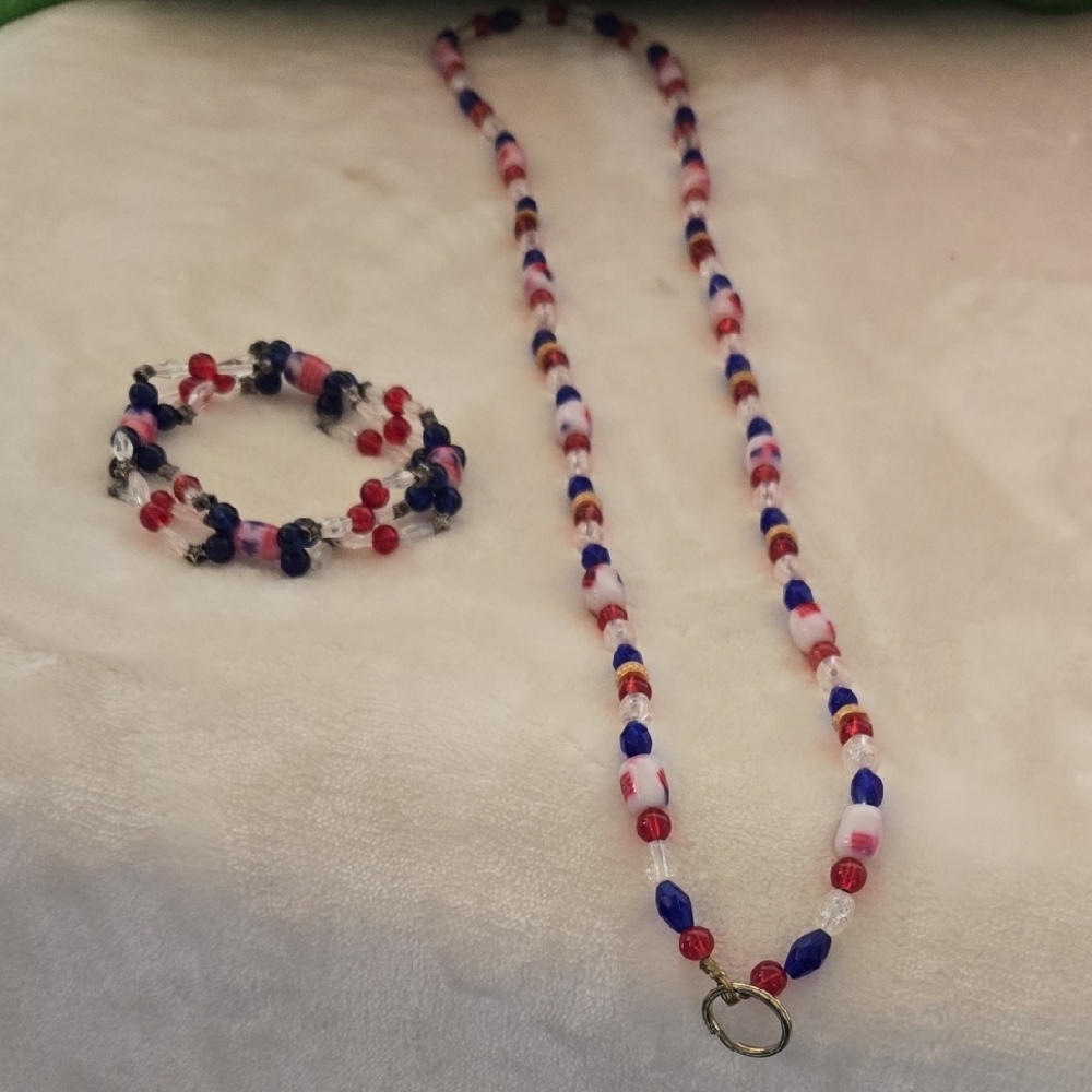 Elegant Red, White And Blue Beaded Lanyard and Bracelet Set